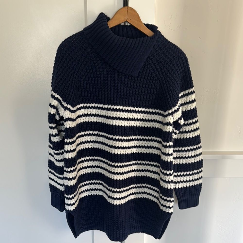 LANDS’ END Chunky Cotton Blend Navy Striped Women’s L 14-16 Sweater Casual EUC